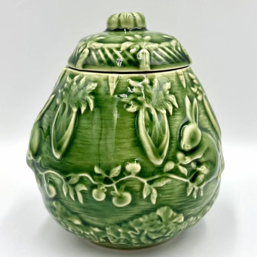 Vintage Bordallo Pinheiro Creamer & Lidded Sugar Bowl Rabbit Green Majolica Set
